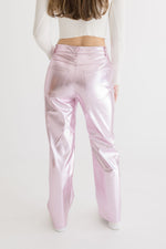 Vegan Faux Leather Metallic Wide Leg Pants Pink