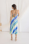 Sleeveless Cowl Neck Stripe Print Midi Dress Blue