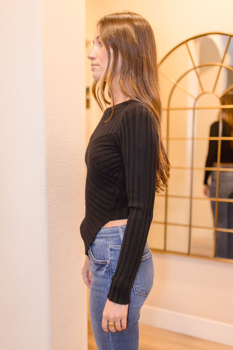  Long Sleeve Ribbed Sweater Top Blac