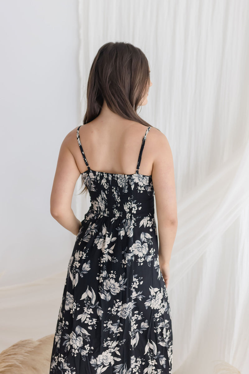  Sleeveless Floral Print Maxi Dress Black