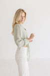 Long Sleeve Button Down Front Tie Crop Top Sage