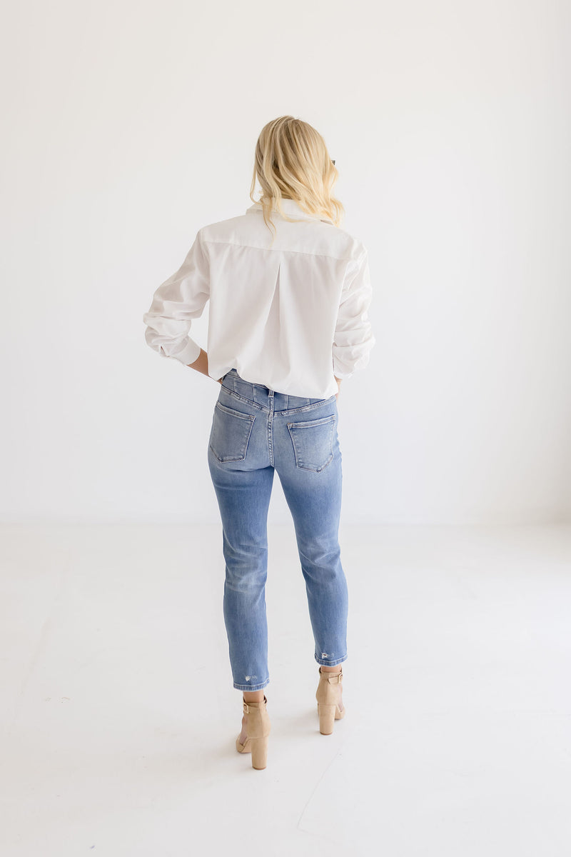 Distressed Cropped Mom Jeans Medium Wash