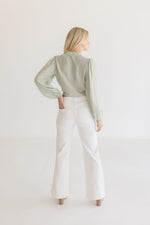 Long Sleeve Button Down Front Tie Crop Top Sage