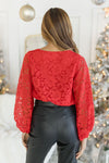 Danielle Long Puff Sleeve Floral Lace Top Red