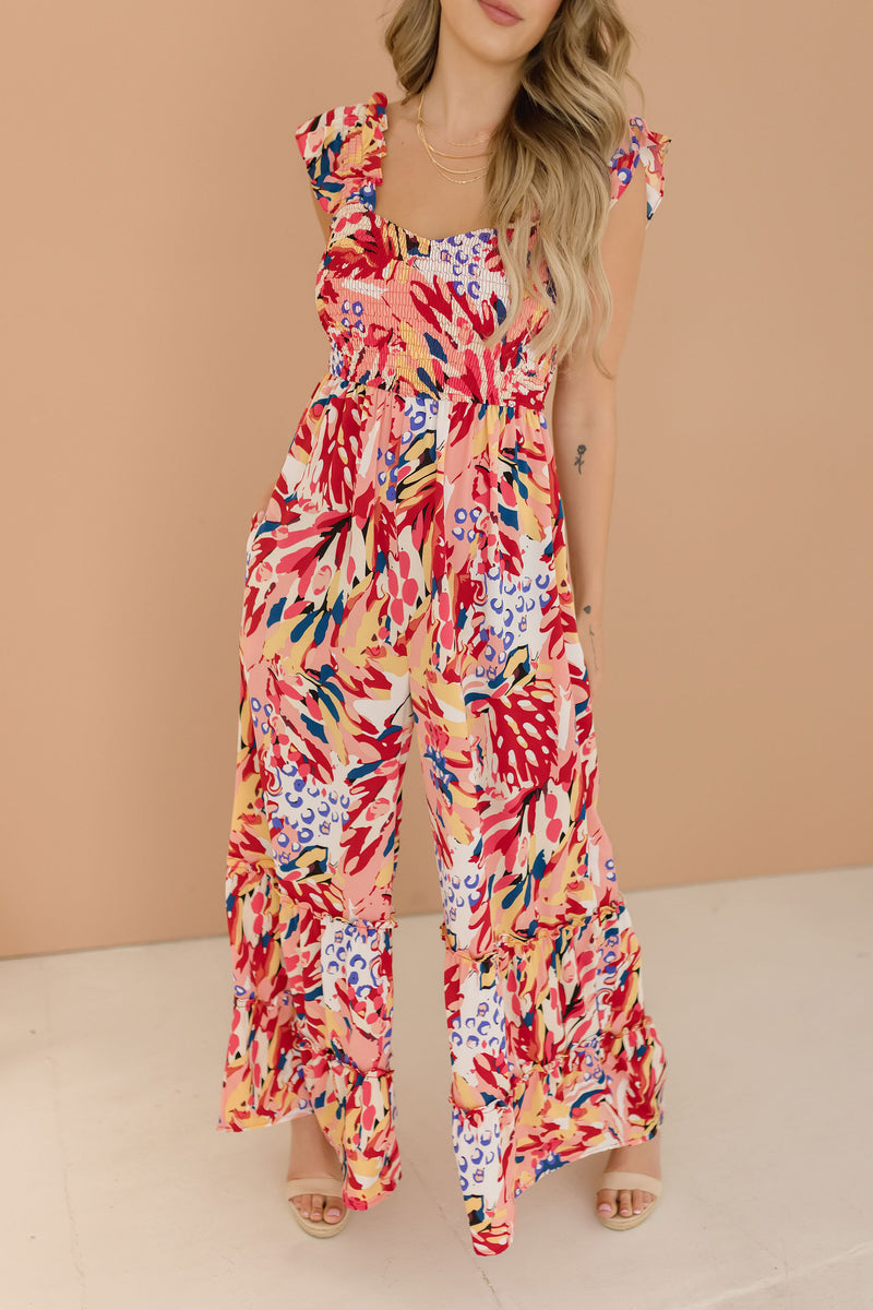  Ruffle Sleeve Wide Leg Abstract Print Jumpsuit Red