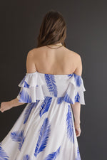  Off The Shoulder Palm Print Maxi Dress Blue