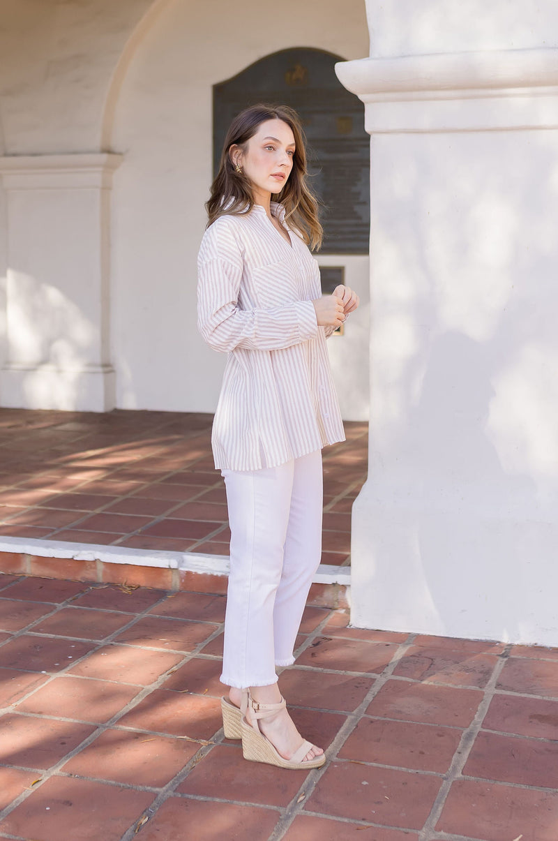 Long Sleeve Stripe Print Button Down Top Taupe