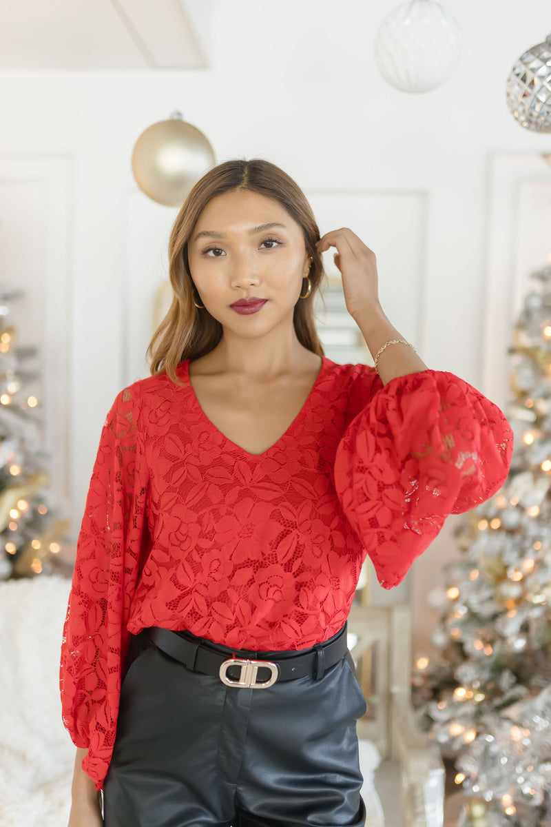  Long Puff Sleeve Floral Lace Top Red