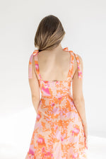 Shoulder Tie Floral Print Midi Dress Peach