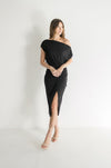 Short Sleeve Faux Wrap Midi Dress Black