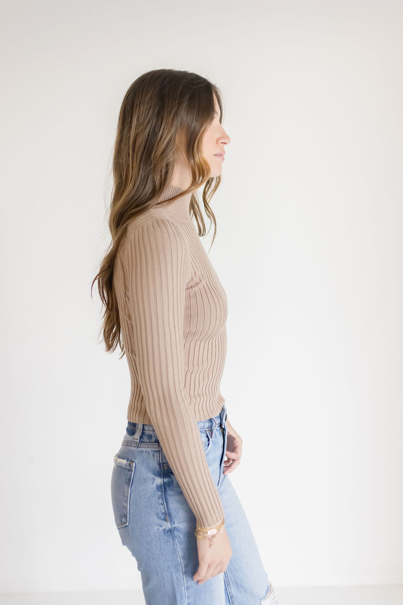 Long Sleeve Turtleneck Knit Sweater Top Tan