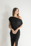  Short Sleeve Faux Wrap Midi Dress Black