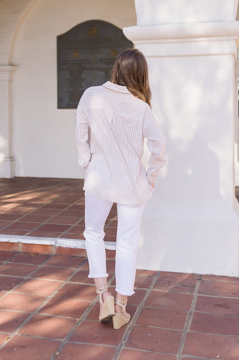 Long Sleeve Stripe Print Button Down Top Taupe