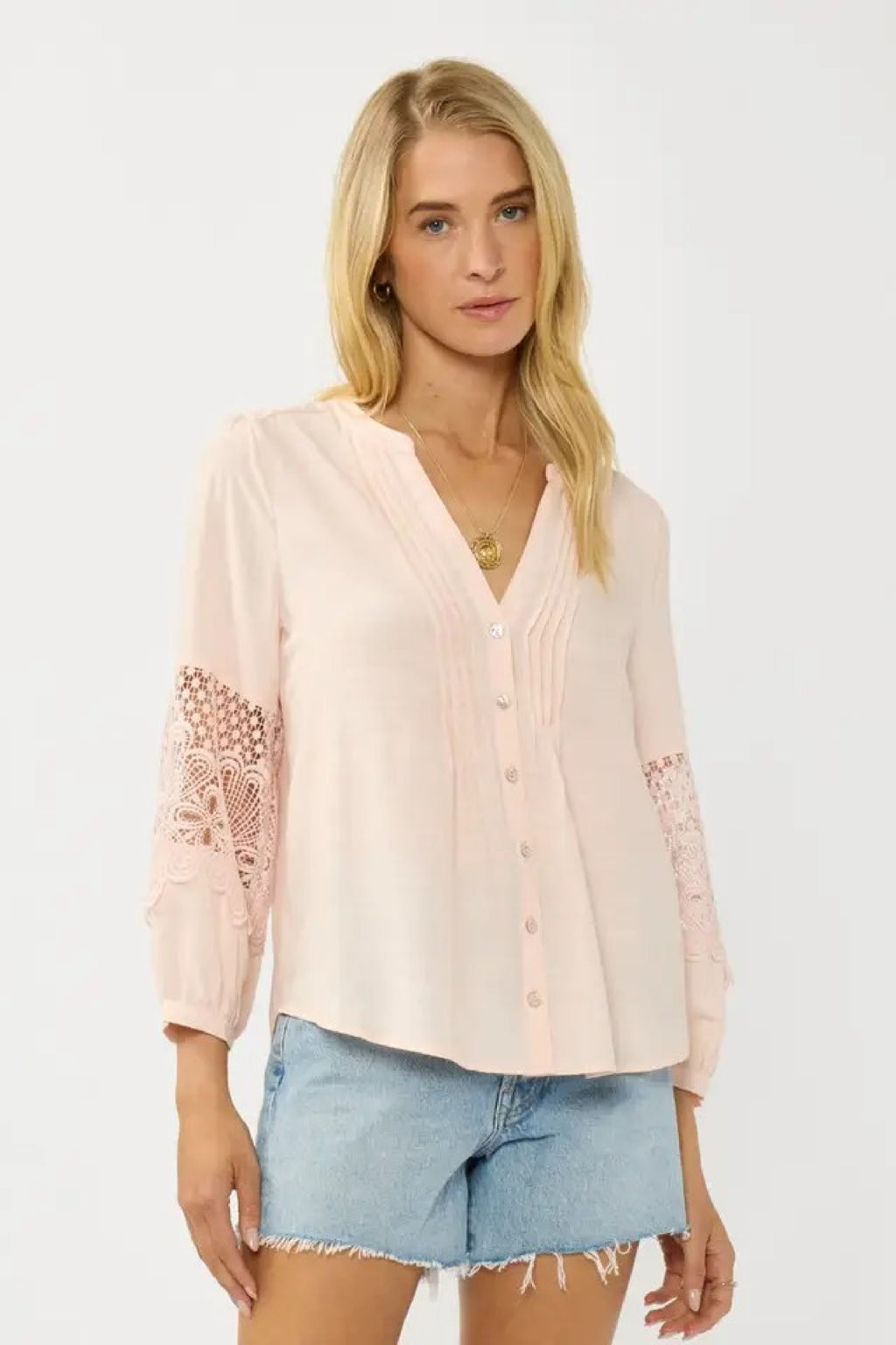 Long Lace Sleeve Button Down Pintuck Top Blush