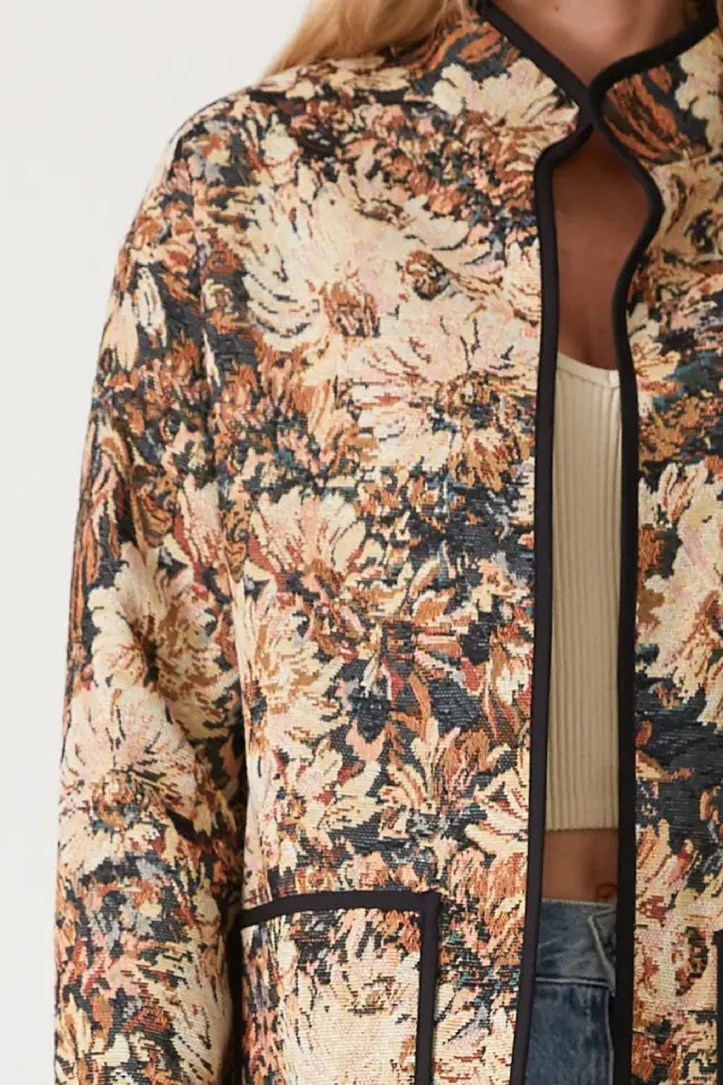 Long Sleeve Open Front Floral Print Jacket Natural
