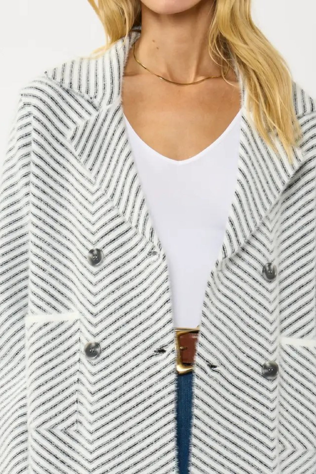 Long Sleeve Double Breasted Chevron Print Fuzzy Knit Jacket Blue