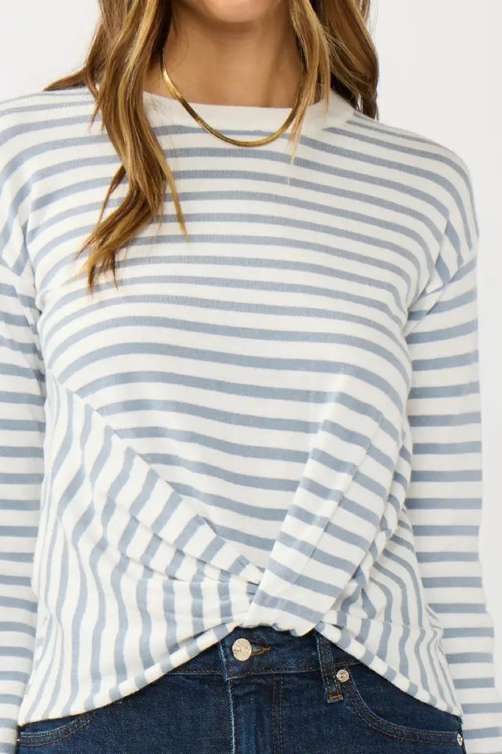 Long Sleeve Front Knot Stripe Print Knit Sweater Blue