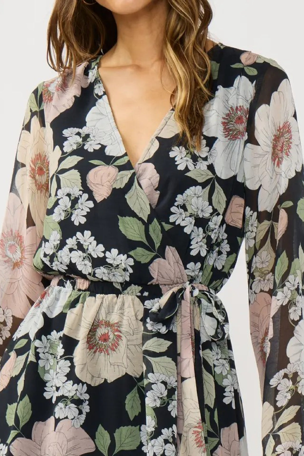 Long Sleeve Floral Print Wrap Mini Dress Black