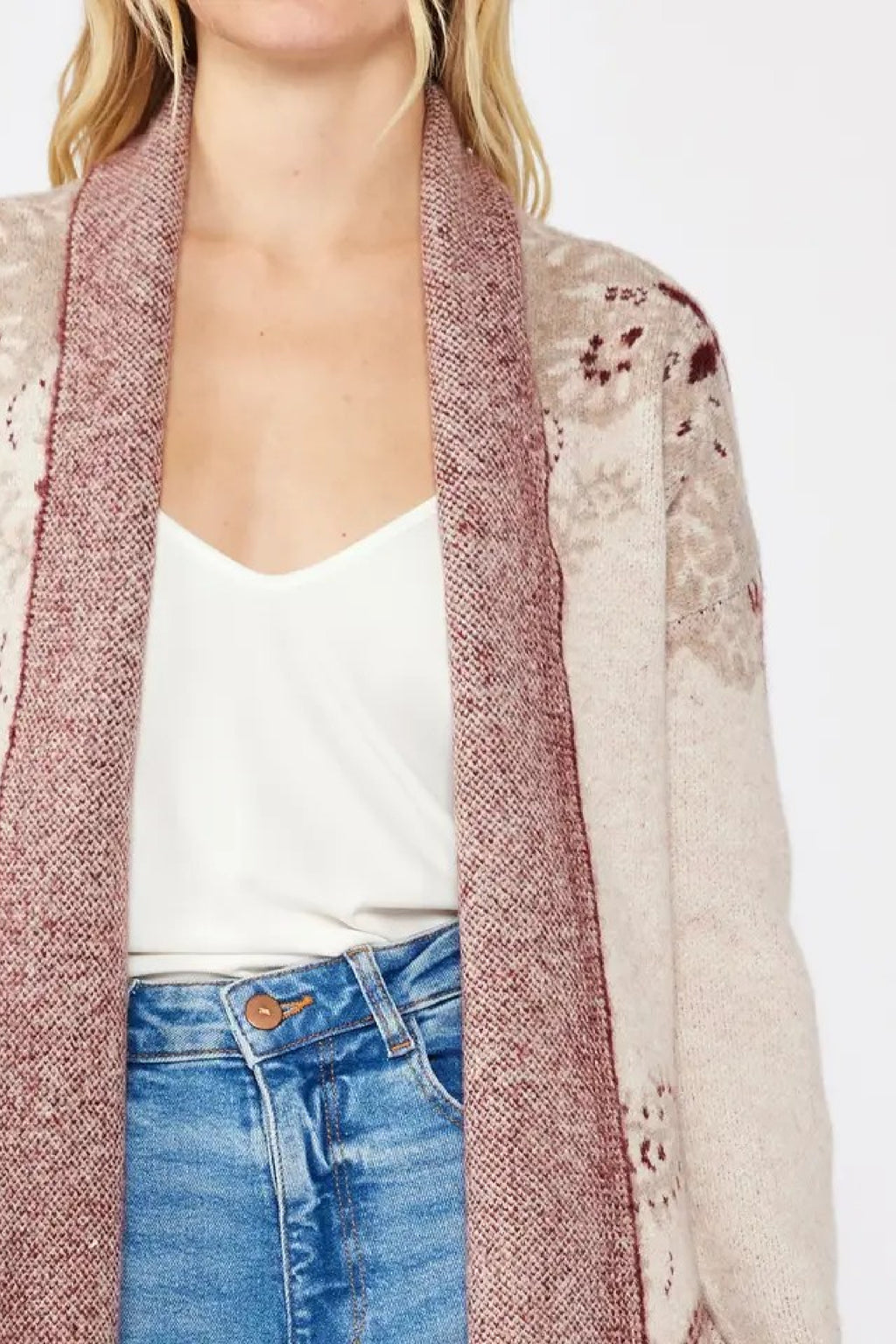 Long Sleeve Open Front Tribal Print Knit Cardigan Natural