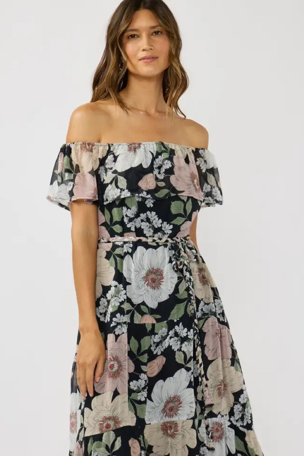 Off The Shoulder Floral Print Maxi Dress Black