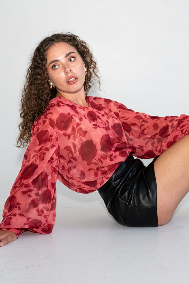 Long Sleeve Button Down Floral Print Top Red