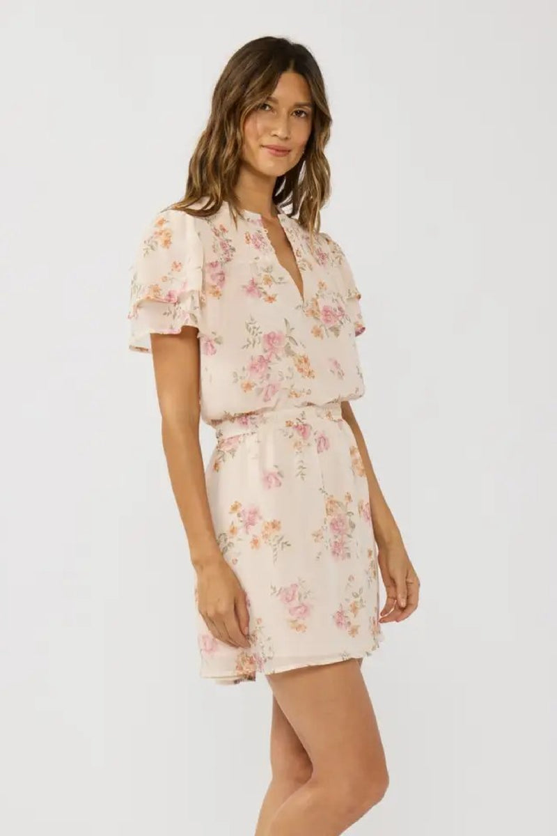 short sleeve floral dress mini Lyric Short Flutter Sleeve Floral Print Mini Dress Pink LARGE