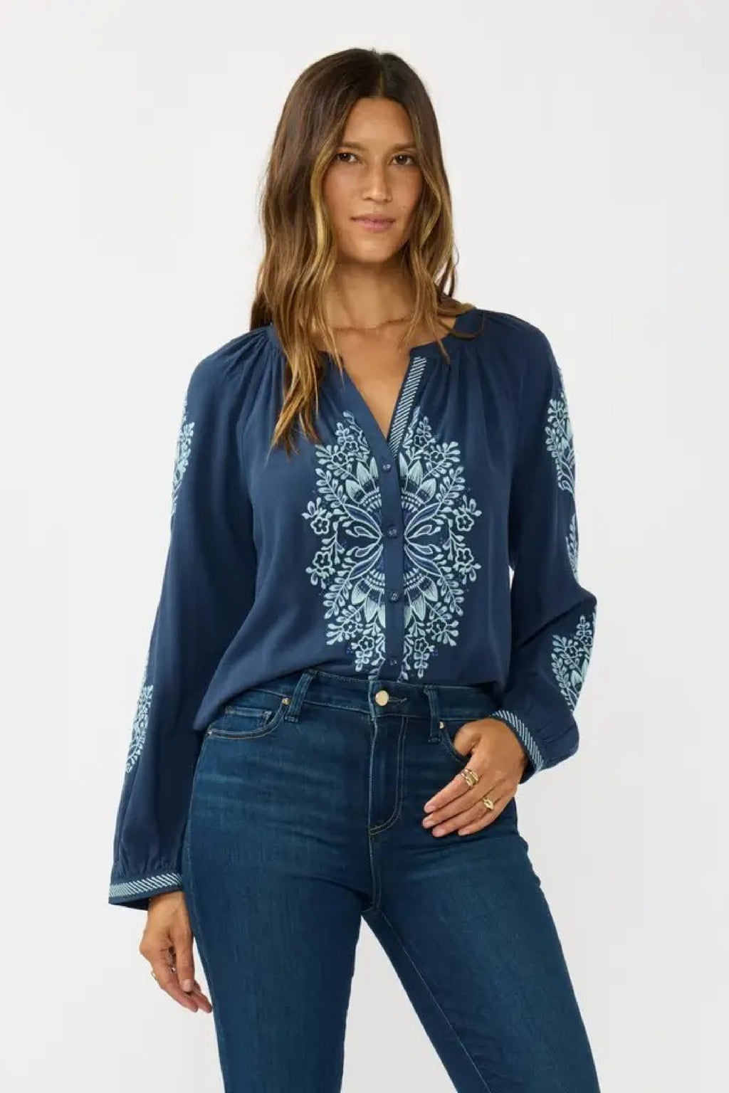 Long Sleeve Button Down Embroidered Top Navy