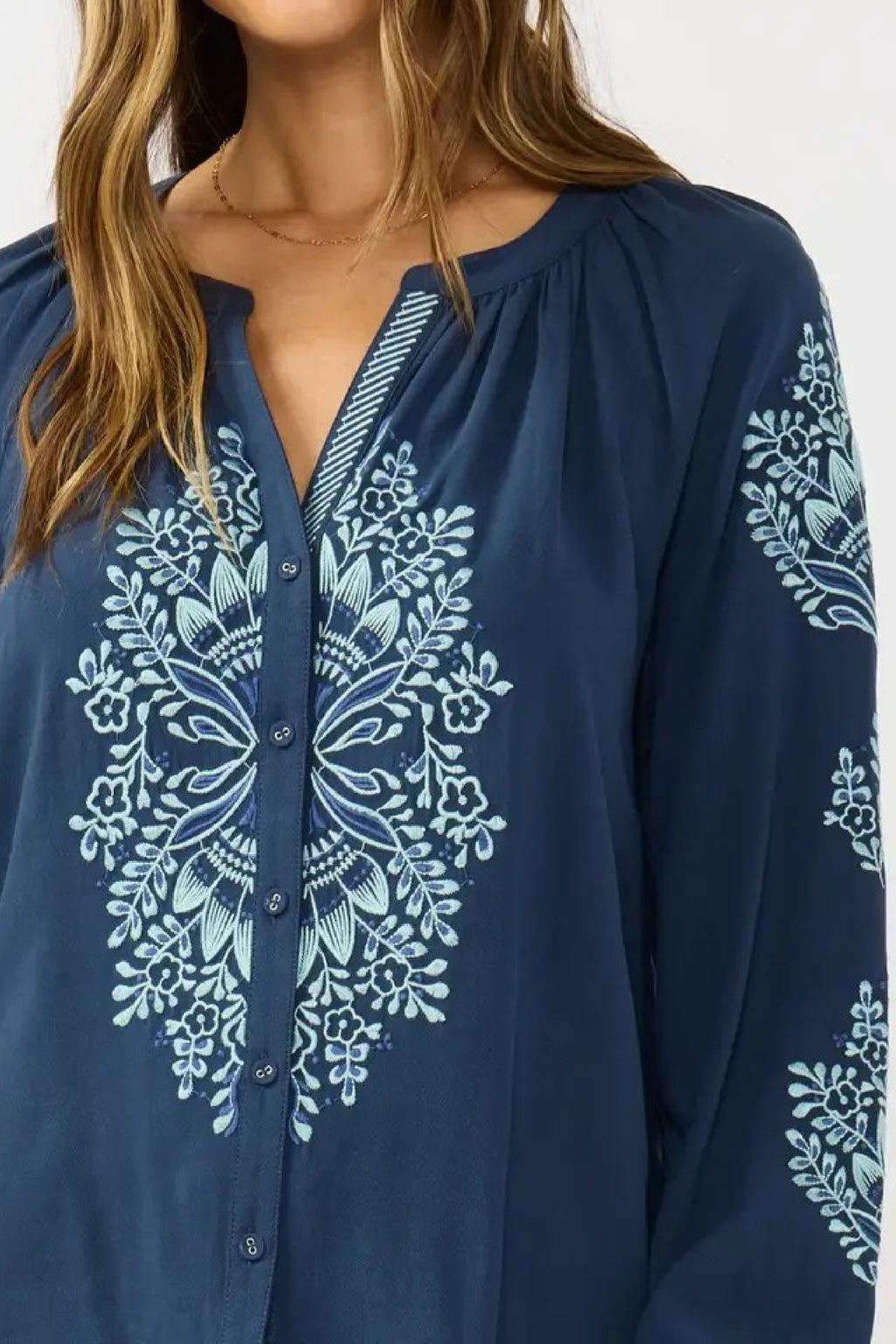 Long Sleeve Button Down Embroidered Top Navy