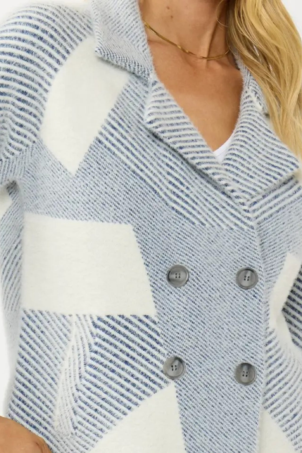 Long Sleeve Double Breasted Geo Print Fuzzy Knit Jacket Blue