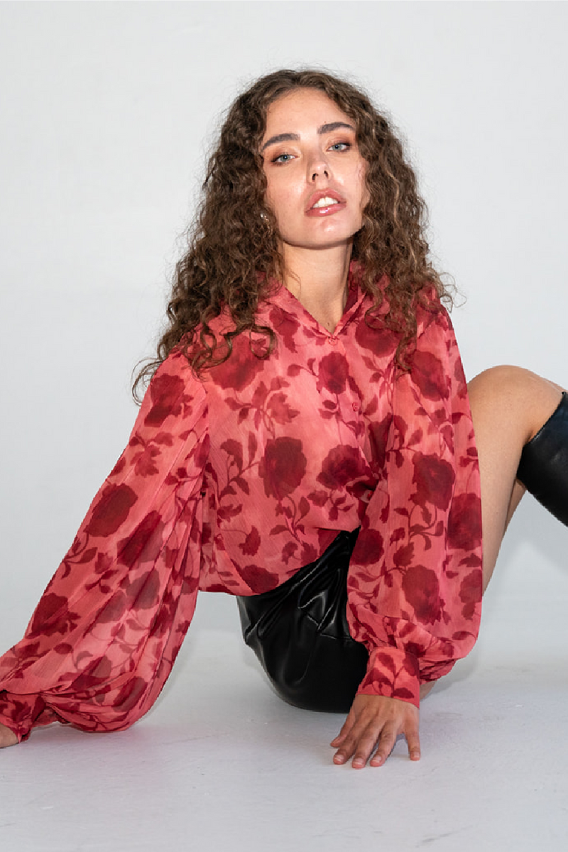 Long Sleeve Button Down Floral Print Top Red