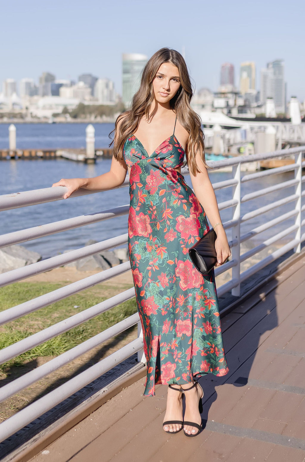  Sleeveless Side Cut Out Floral Print Midi Dress Green