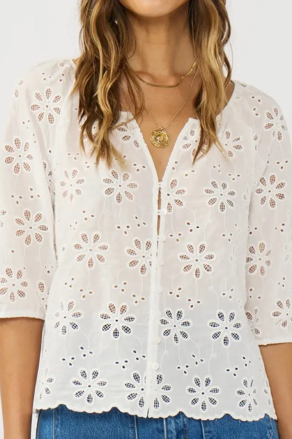 3/4 Sleeve Button Down Embroidered Eyelet Top White