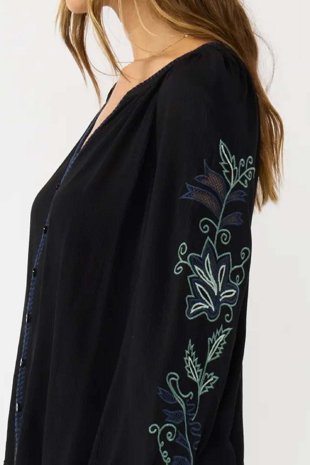 Long Embroidered Sleeve Button Down Top Black