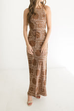  Sleeveless Halter Cross Back Abstract Print Maxi Dress Brown
