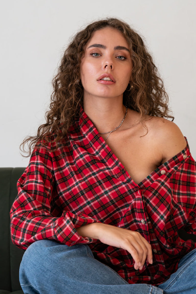 Long Sleeve Oversized Button Down Plaid Print Top Red