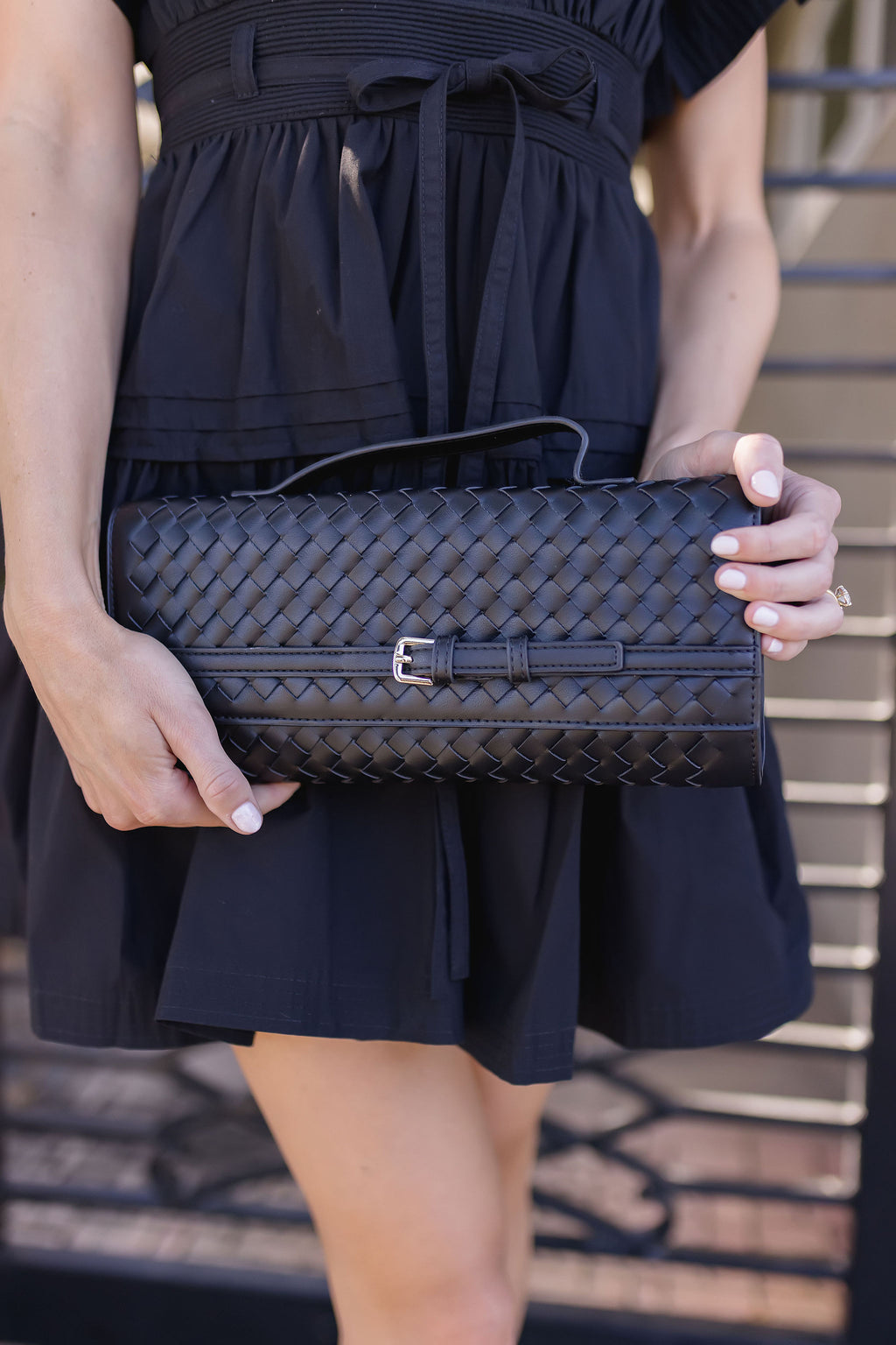 Faux Leather Woven Purse Black