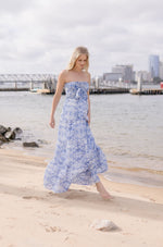 Strapless Tie Front Abstract Print Maxi Dress Blue