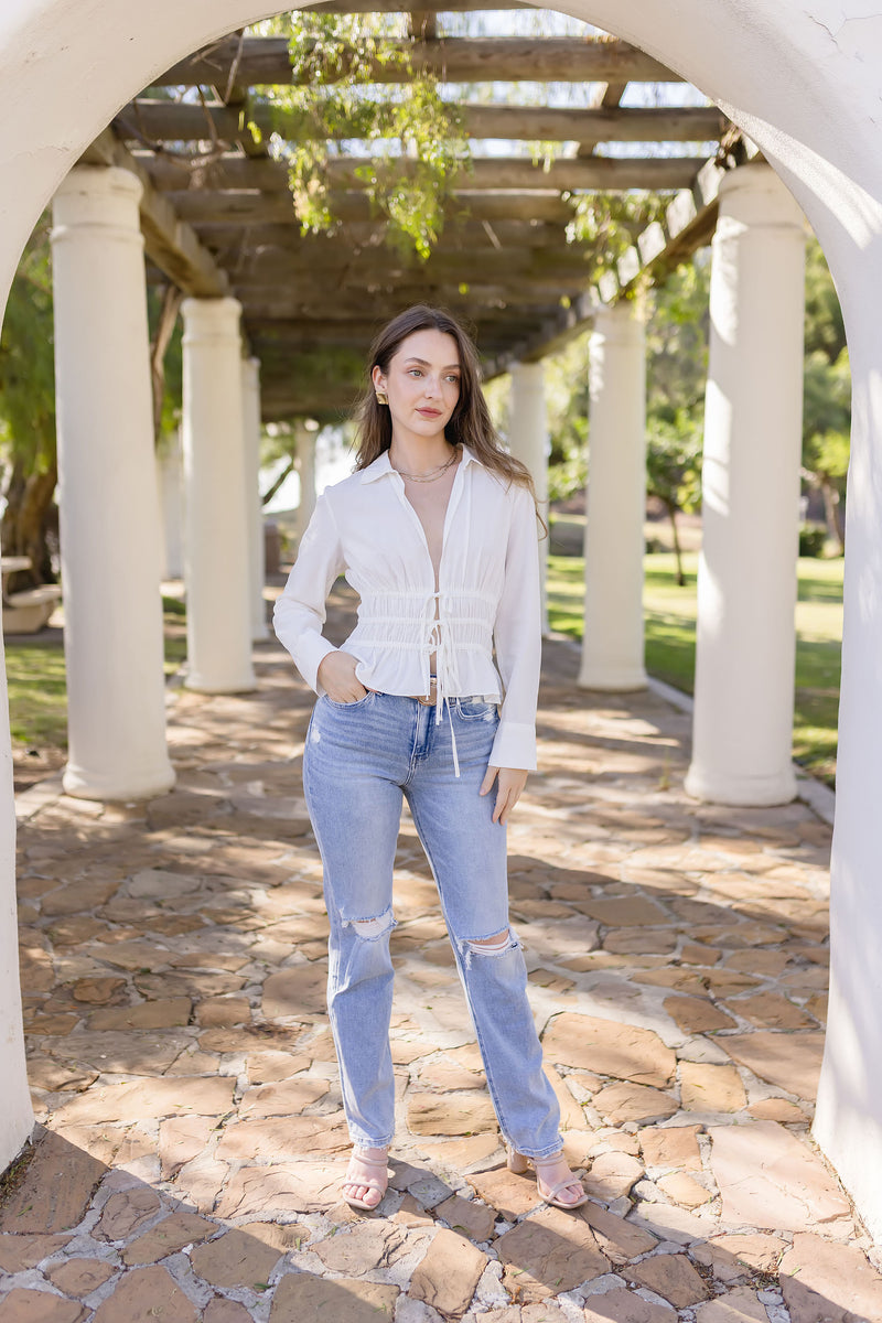 High Rise Distressed Straight Leg Jeans Light Wash