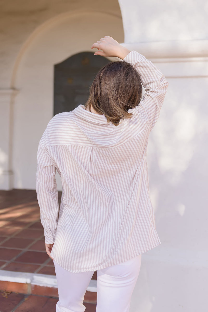 Long Sleeve Stripe Print Button Down Top Taupe