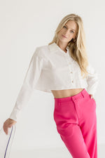 Long Sleeve Button Down Crop Top White