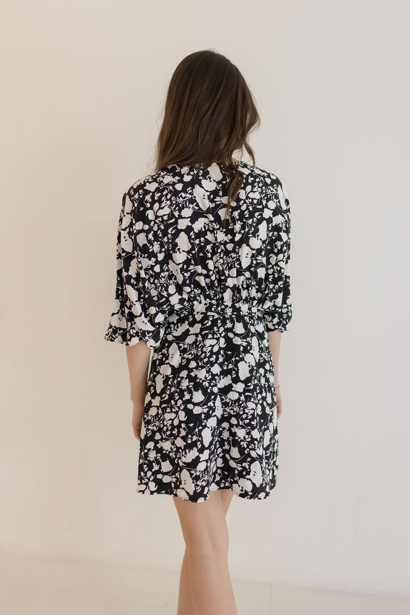  Floral Print Kimono Sleeve Wrap Mini Dress Black