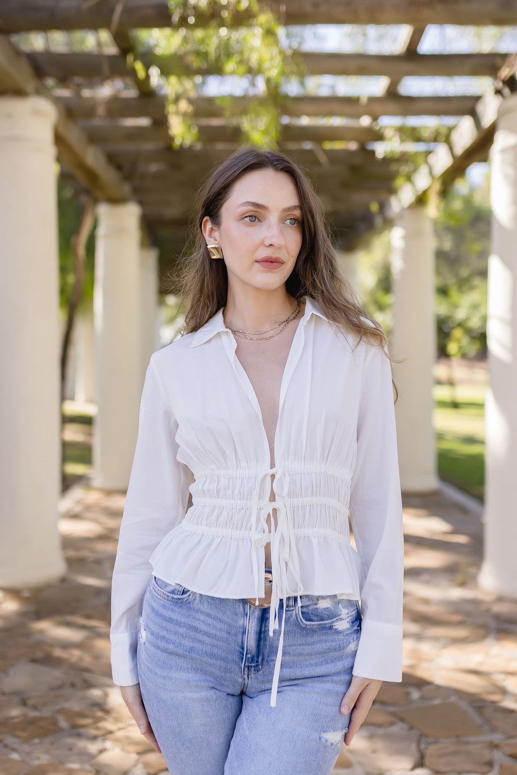 Long Sleeve Waist Tie Peplum Top White