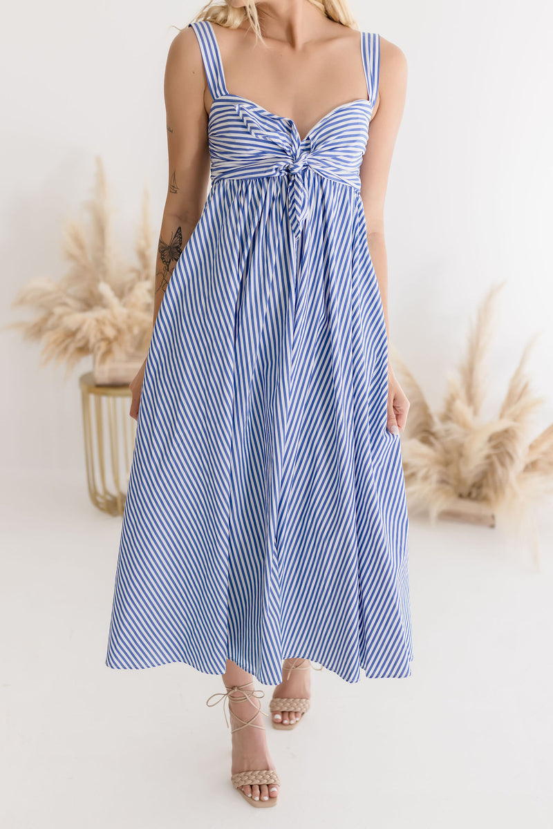 Sleeveless Stripe Print Midi Dress Blue