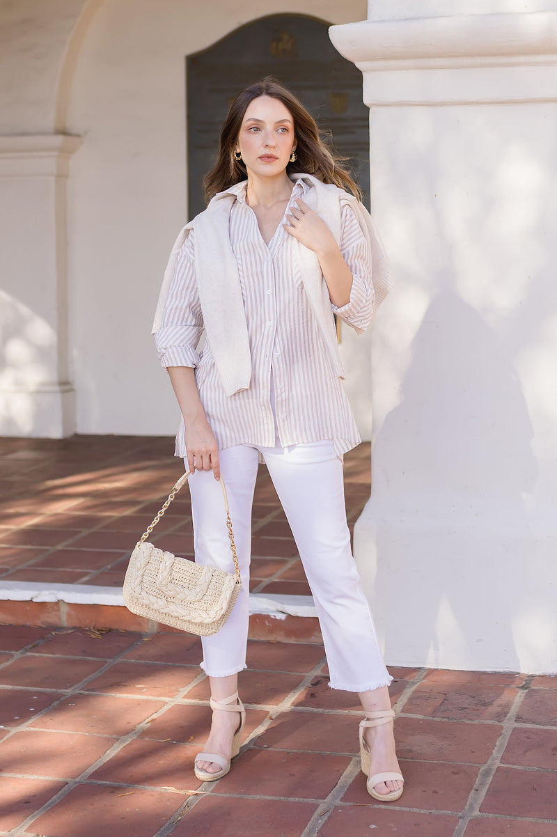 Long Sleeve Stripe Print Button Down Top Taupe