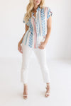 Short Sleeve Button Down Abstract Print Top Ivory