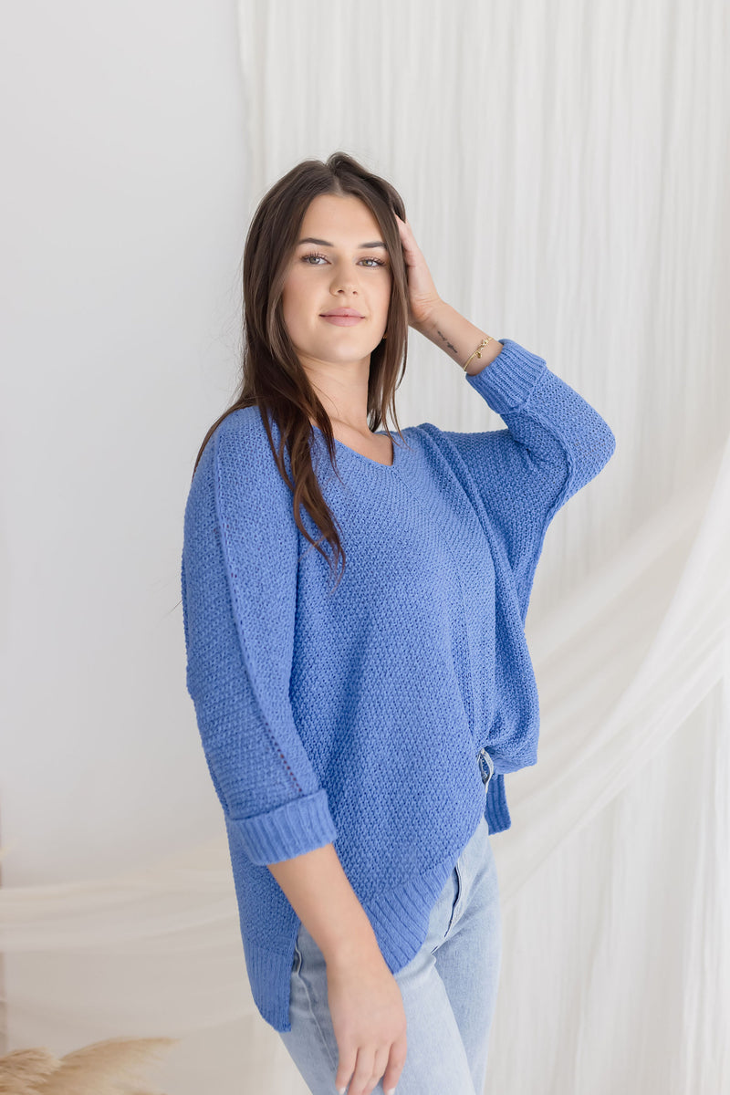  Scoop Neck Knit Sweater Top Blue