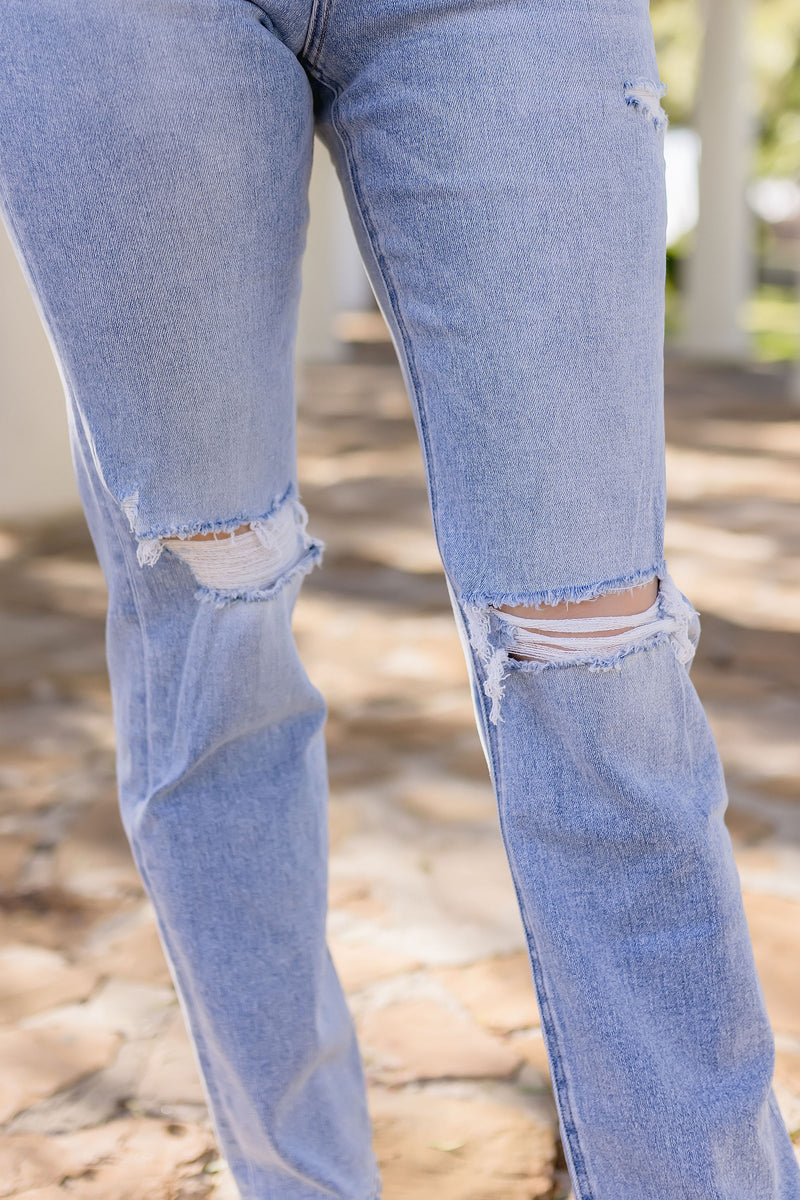 High Rise Distressed Straight Leg Jeans Light Wash