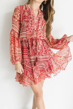  Long Sleeve Button Front Abstract Print Mini Dress Red
