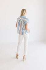 Short Sleeve Button Down Abstract Print Top Ivory