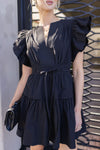 Flutter Sleeve Waist Tie Poplin Mini Dress Black